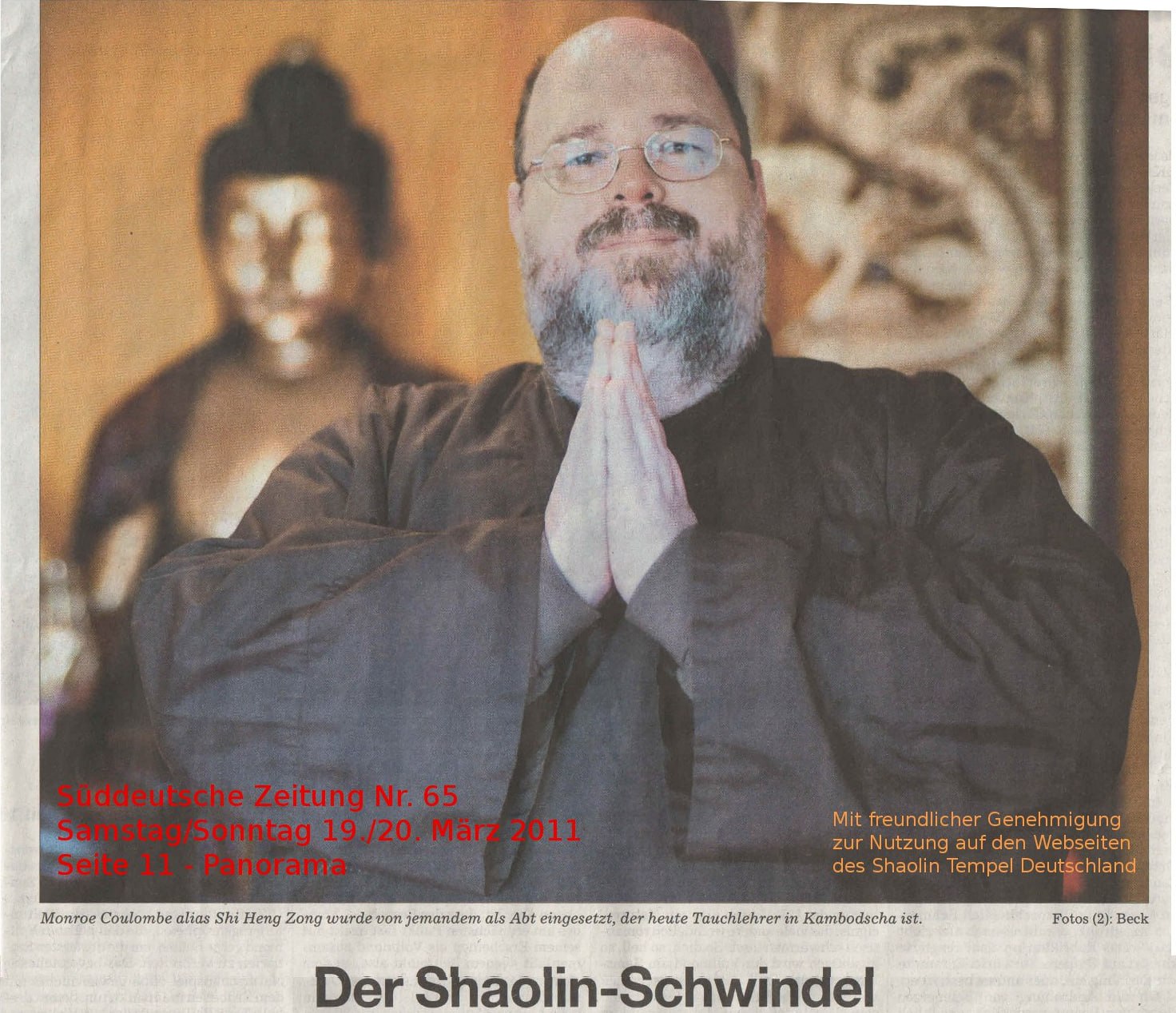 Süddeutsche Zeitung page of 19/20 March 2011 with the headline Der Shaolin-Schwindel and a photo of Monroe Coulombe in robes