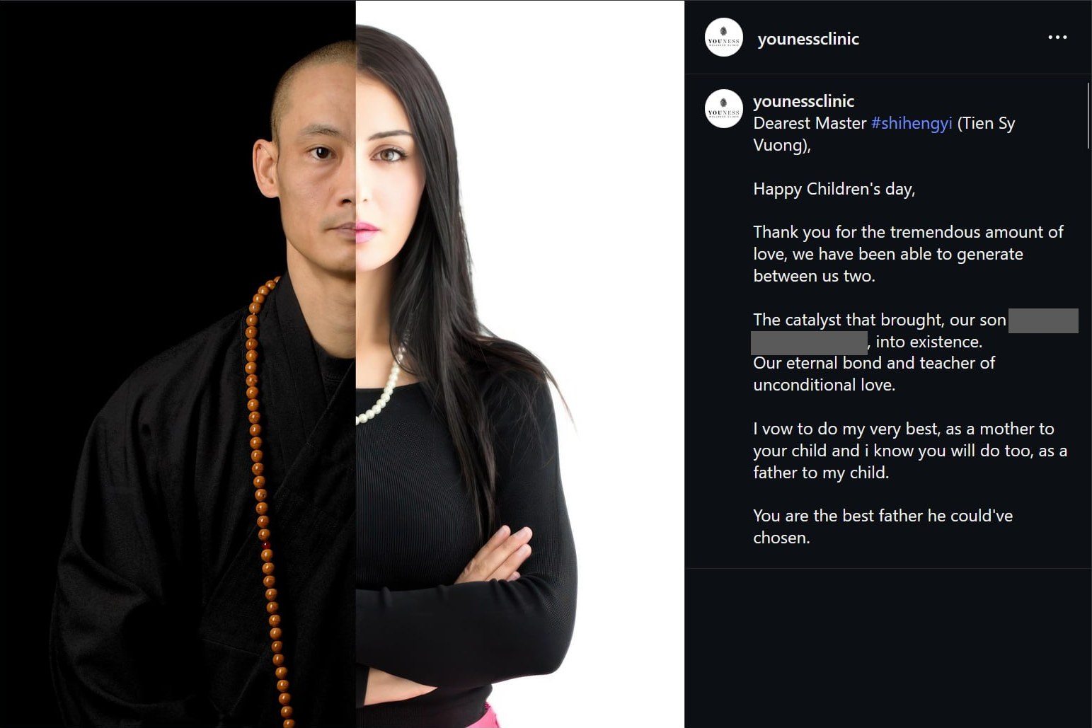 Instagram post by the YOUness Wellness Clinic: a portrait split between Shi Heng Yi in a robe with prayer beads and Vanessa Youness, with a caption addressed to Dearest Master Shi Heng Yi (Tien Sy Vuong) about their son